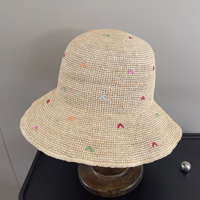 Bucket Hat Straw - Women Embroidery Heart Raffia Straw Hat