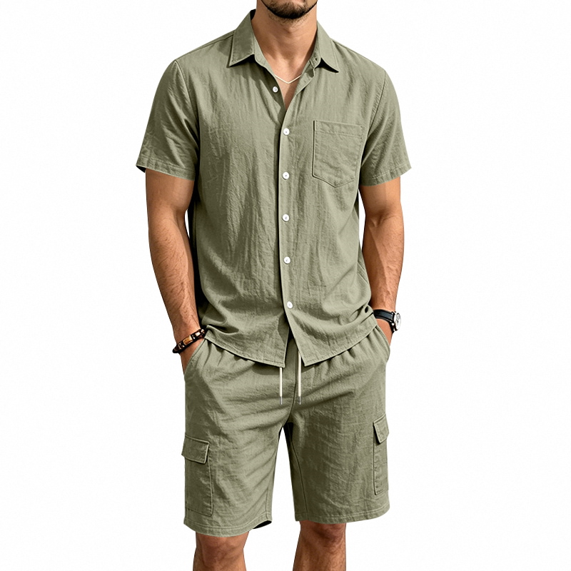 Short Linen Drawstring - Men Summer American Linen Two Piece