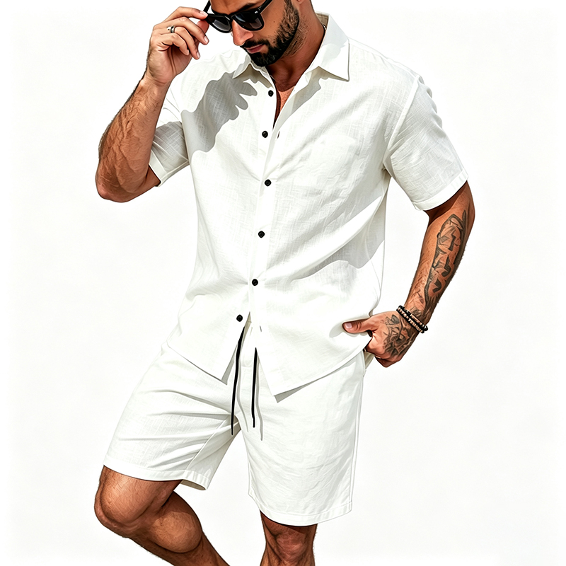 Men Linen Two Piece Outfit Sho - Shirt Camp Collar 评论和价格