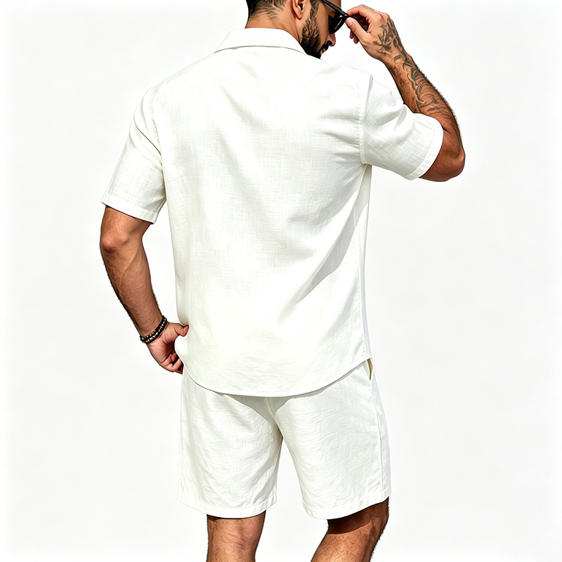 Men Linen Two Piece Outfit Sho - Shirt Camp Collar 评论和价格