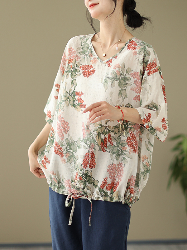 Summer Loose Cotton Linen Prin - Short Linen Drawstring 评论和价格